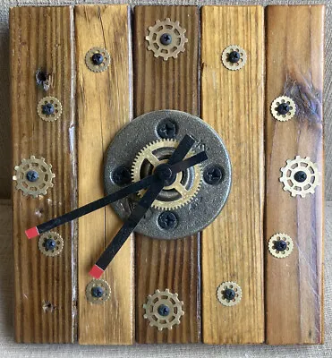 Vintage Handmade Wood Wall Clock Recycled Bike Rotating Gear Parts Steampunk EUC • $49.95