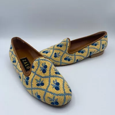 $50 • Buy Vintage Zalo Plants Needlepoint Flats Slip On Shoes Yellow & Blue Womens Size 6M