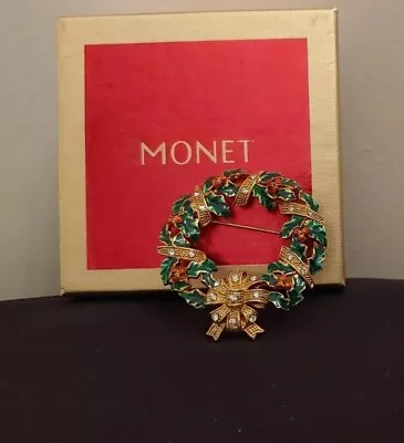 NIB Monet Christmas Floral Wreath Gold Tone Rhinestone Brooch • $22