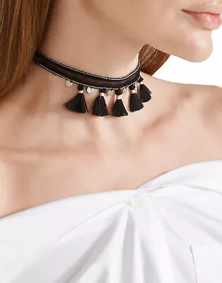 CHAN LUU Choker Necklace HANDCRAFTED Tassel Trim Self-Tie Metal Chain Detail • £0.99