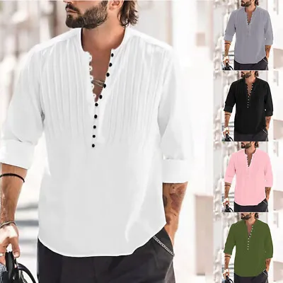 Mens Linen Beach Shirts Solid Loose Casual Shirt Blouse Top Cotton Summer Tee  • $16.83