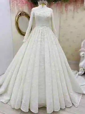 Dubai Muslim Wedding Dress Long Sleeve Lace Appliques Flowers Beaded Bridal Gown • $168.70