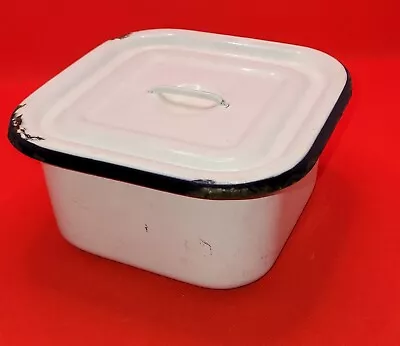 Vintage White & Navy Square  Enamelware Refrigerator Storage Box W/Lid 6  X 6  • $18