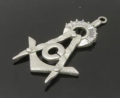 925 Silver - Vintage Cubic Zirconia Masonry Square & Compass Pendant - PT18346 • $41.14