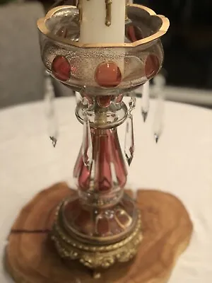 Vintage Bohemian Moser Style Brass Lamp Gold Gilt Cranberry Glass W/ Prisms • $68