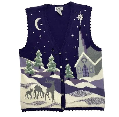 Vintage Christmas Sweater Vest Starry Night Snow Church Medium M Koret Purple • $14.90