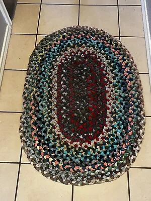 40’s/50’s Antique/Vintage Primitive Handmade Rag Braided Rug Oval Rug 44 In Long • $67