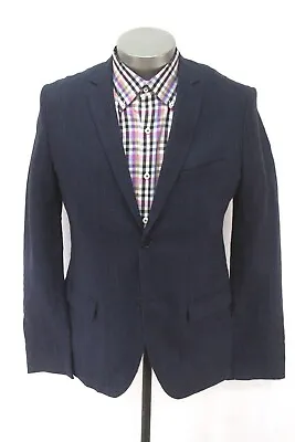 Mens Navy Blue H&M Blazer Jacket 100% LINEN Sport Suit Coat Slim 38 R • $39.99