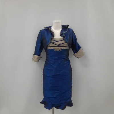 LINEA RAFFAELLI **NEW** STUNNING Occasion Dress & Bolero Jacket Metallic Blue 12 • £26.99