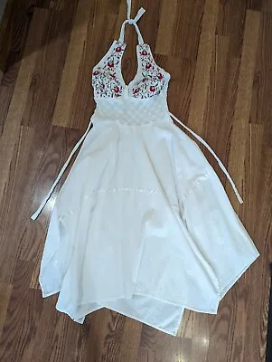 Vintage White Crinkle Cotton Halter Dress Embroidered Bust Smocked Back Euc S • $15