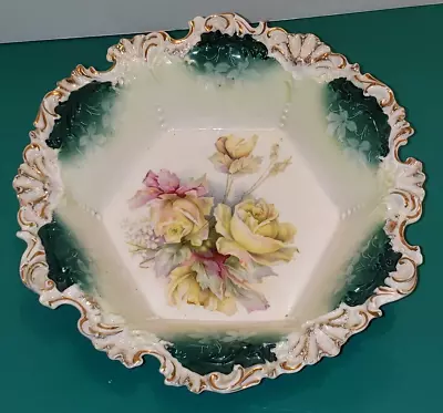 ANTIQUE RS PRUSSIA PORCELAIN BOWL Yellow Roses 10 3/4  • $89.99