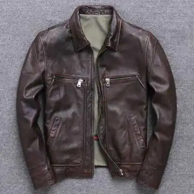 Mens Biker Brown Bomber Distress Motorcycle Vintage Real Lambskin Leather Jacket • $89.99