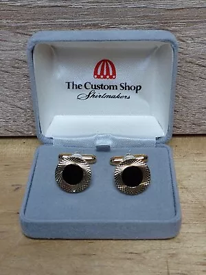 Vintage Round Gold Tone Black Stone Cufflinks From Shirtmakers Custom Shop • $13.34