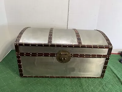 Vintage Transitional Style Strapped Metal Trunk/ Chest Storage Box 24x14 Silver • £50.67