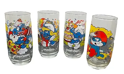 VTG 1983 Set Of 4 Smurf Collectors Edition Glasses Papa Clumsy Baker Smurfette • $27.97