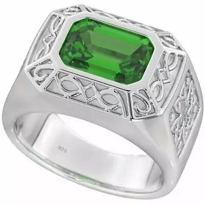 Mens Celtic 925 Silver Ring With Emerald-Cut Green Stone  -UK SELLER • £49.99