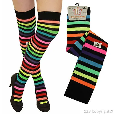 Ladies Stripe Stripy Striped Over The Knee Thigh High Long Socks 32 Colours 4-6 • £3.49