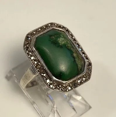 Sterling Silver Art Deco Marcasite Octagonal  Turquoise Cabochon Ring Size 5.25 • $58