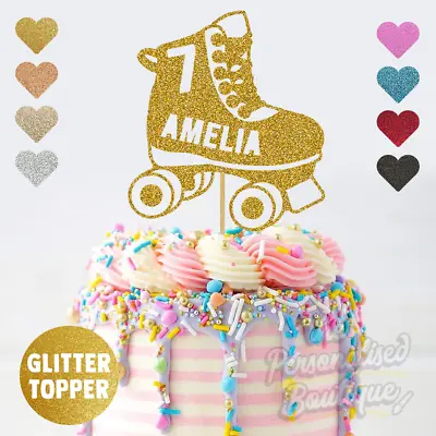 Personalised Custom Roller Skates Glitter Cake Topper Kids Childrens Birthday • £4.99