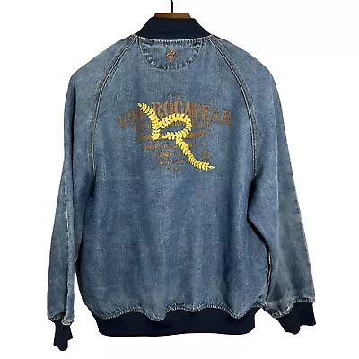 ROCAWEAR Vintage Blue Denim Jean Varsity Baseball Style Jacket Distressed Large • $49.99