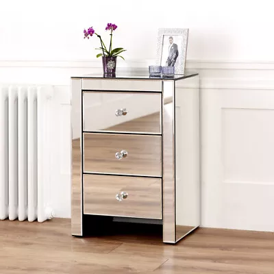 £129 • Buy Venetian Mirrored 3 Drawer Bedside Table - Glass Side Nightstand Unit - VEN07