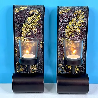 Vintage Elements Cracked Glass Mosaic Art Pair Wall Sconce Candle Holders 9.5  • $29.66