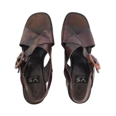 Vintage 90s Via Spiga Brown Glossy Leather Chunky Heel Sandals • $25