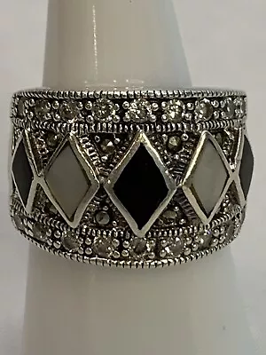 Vintage Sterling Silver Ring Cubic Zirconia Onyx Mother Of Pearl Size 7  A2 • $26.88