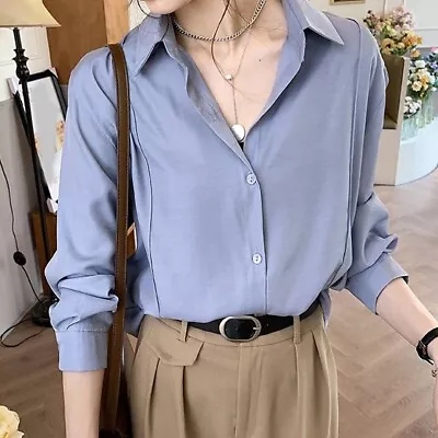 Loose Oversize Blouse Button Korean Tops Women Long Sleeves Shirt White Solid • $20.77