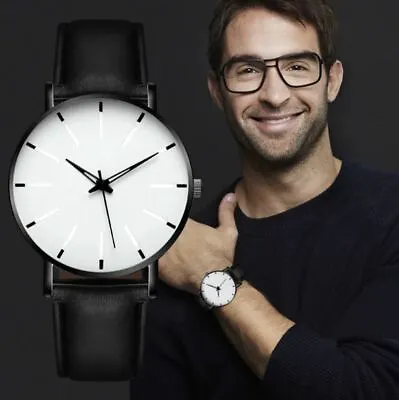 Men’s: Classic Designer White Face Blue-Ray Glass Black Leather Strap Watch • £12.45