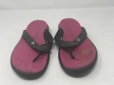 Crocs Mickey Flip Flops Thong Size 8 Black Pink Comfort Sandals Leather Upper • $25