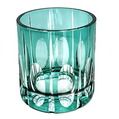 Bohemian Block Cut To Clear Teal Crystal Centerpiece Bowl Vase Poland 5.5  • $79