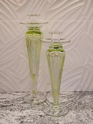 Vintage Two VENETIAN MURANO Iridescent Green Glass Candlestick Candle Holder  • $59.49