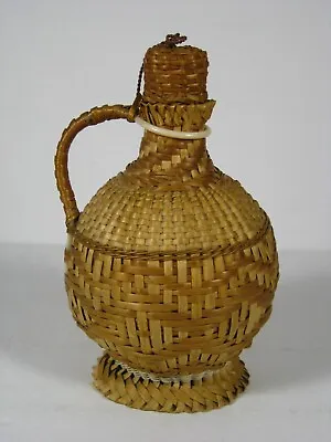 Vintage Empty Green Glass Wine Bottle Wicker Basket W/handle And Cap • $24.99