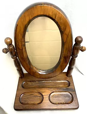 Wood Mirror Men’s Valet Tray Vanity Shaving Rustic Swivel Dresser Peg Feet Vtg. • £26.01