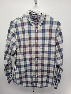 J Crew Mercantile Shirt Mens Medium Slim Blue White Plaid Flex Button Up Tartan • $8.99