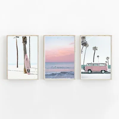 Set Of 3 Pink Surfboard Van Beach & Ocean Poster Art Print. Great For Any Wall • $148.05