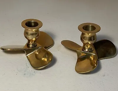 Vintage Set Of 2 Solid Brass Boat Propeller Candle Stick Holders Nautical Decor • $84.30