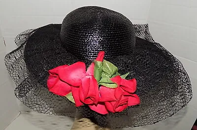 Vintage Black Straw Wide Brim Hat Red Roses Mr. John Classic • $26.99