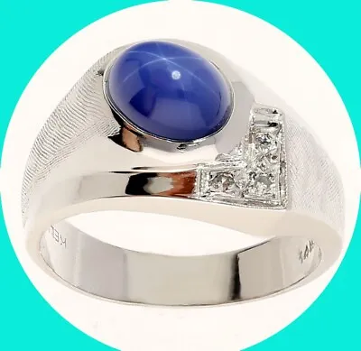 Mens VS Clarity Diamond Lindy Star Sapphire Ring 14K WG  2.55CT  Size 9 • $425