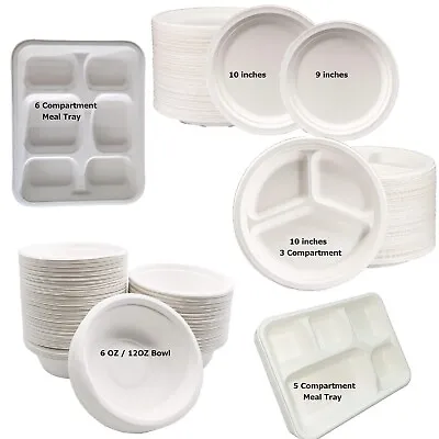 Super Rigid Strong Bagasse White Disposable Party Paper Plates Biodegradable UK • £32.90