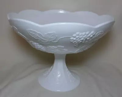 Vintage Large Milk Glass Pedestal Fruit Compote Bowl W/ Grapes & Leaves Pattern • $12.50