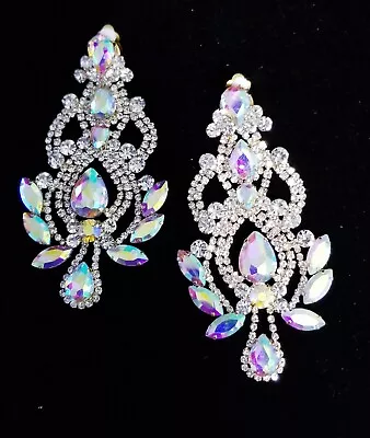 CLIP On Drop Dangle Chandelier Earrings 4.6 In AB Clear Rhinestone Pageant Prom • $54.99