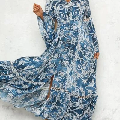 JAASE Frio Chambray Denim Look Abstract Print Front Button Maxi Dress Pockets S • $35