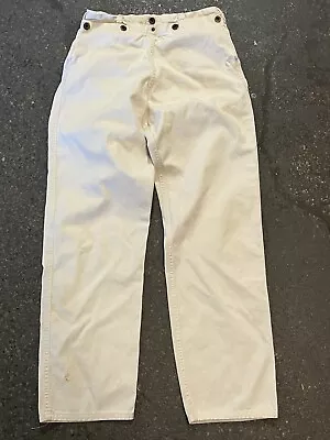 Vtg 1940s White Canvas All Cotton Work Pants Laurel Leaf Donut Buttons 29x30 • $150