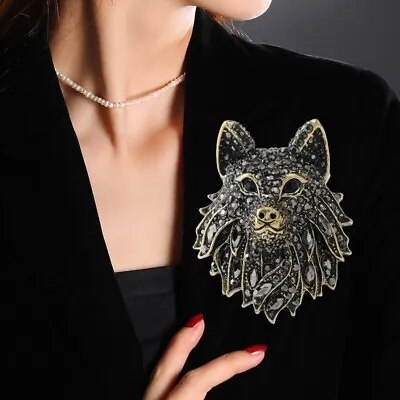 GRAY WOLF BROOCH Brass Faux Marcasite Crystals Face Dog Pin Accessories • $6.29