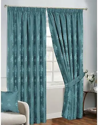 Ready Made Curtains Fully Lined Jacquard Curtain Pair Pencil Pleat & Tie Backs • £29.99