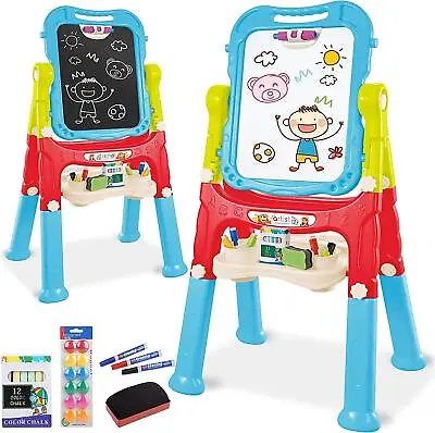 Children Double Sided Folding Magnetic Drawing Board Easel Colour Chalk Blue • £29.99