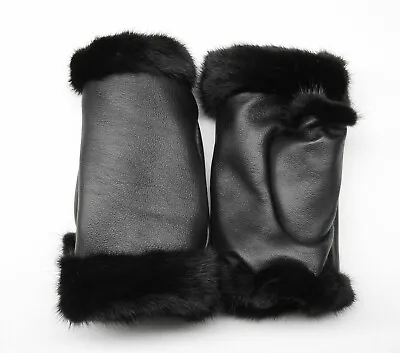 New Real Mink Fur - Genuine Napa Leather Winter Fingerless Gloves Easy Texting M • $49.80