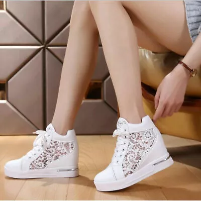 $41.87 • Buy Women Wedge Sneakers Rubber Brogue High Heels Lace Up Shoes Height White Silver